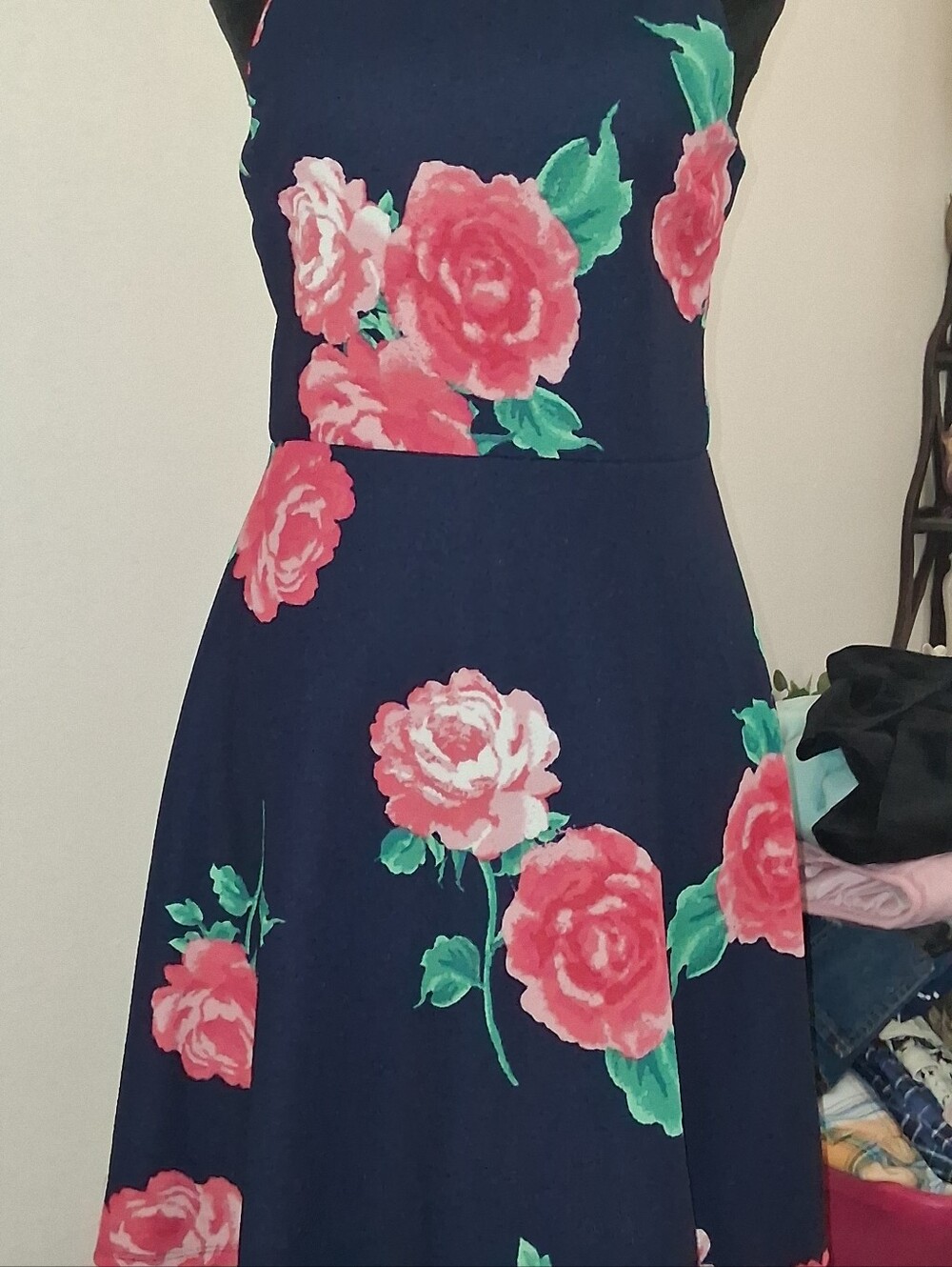 Derek Heart Navy Midi Dress with Pink Rose Print